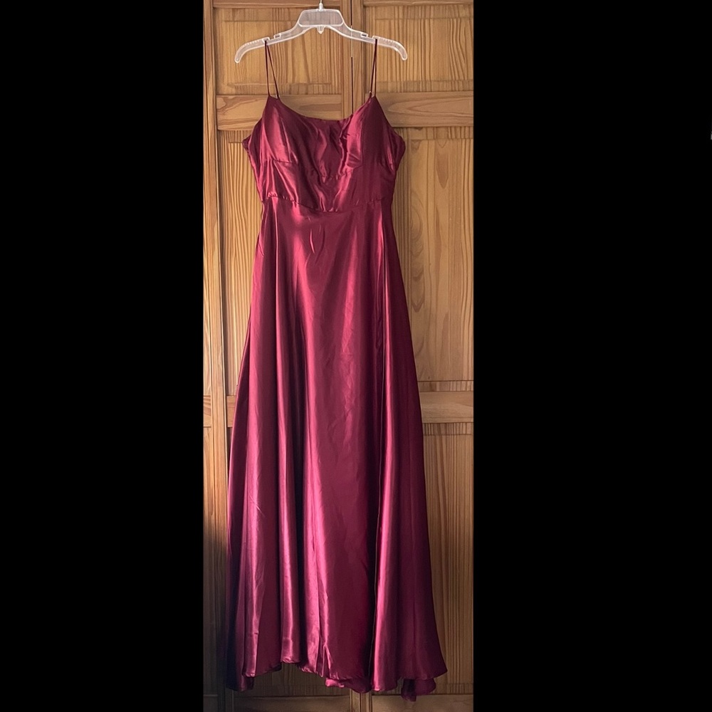 Long satin burgundy/red gown.